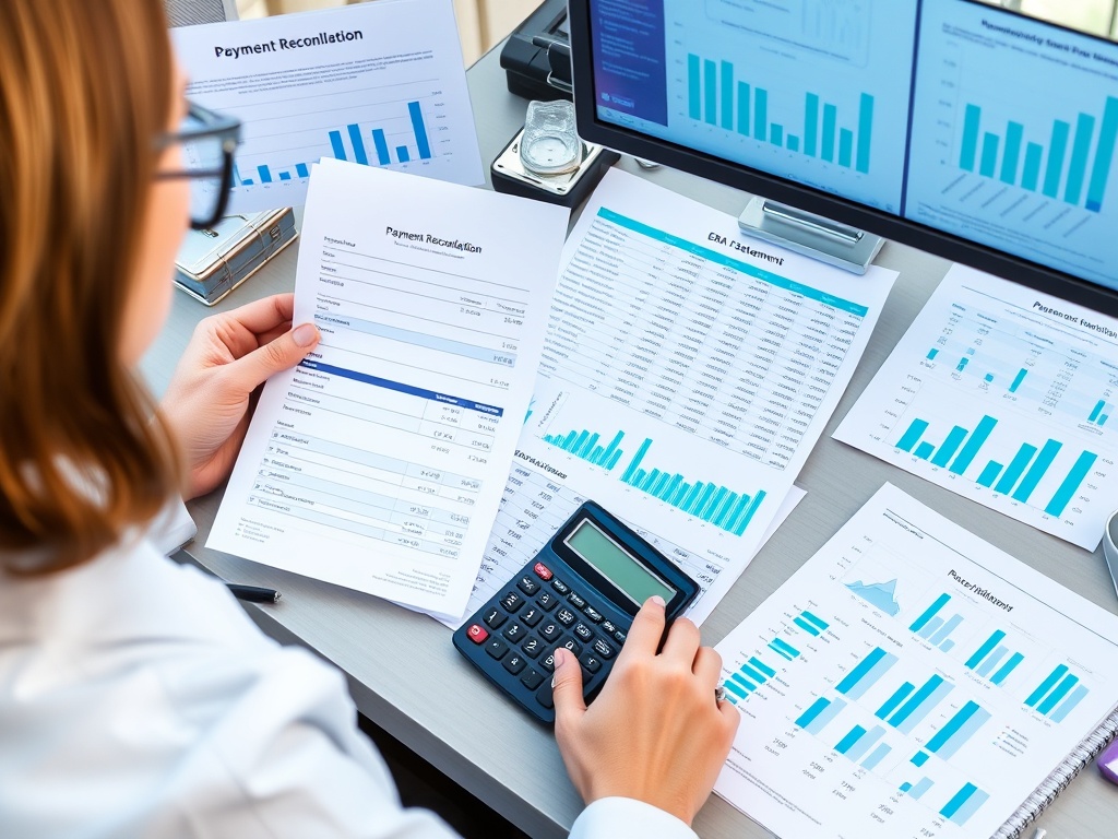 Healthcare billing professional analyzing payment reconciliation reports and financial spreadsheets