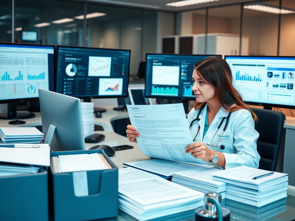 Medical billing manager reviewing denial letters and appeals with trend reports for recovery analysis