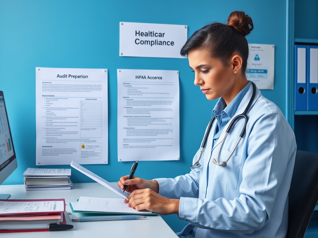 Healthcare compliance officer conducting audit preparation with HIPAA documentation and regulatory compliance frameworks