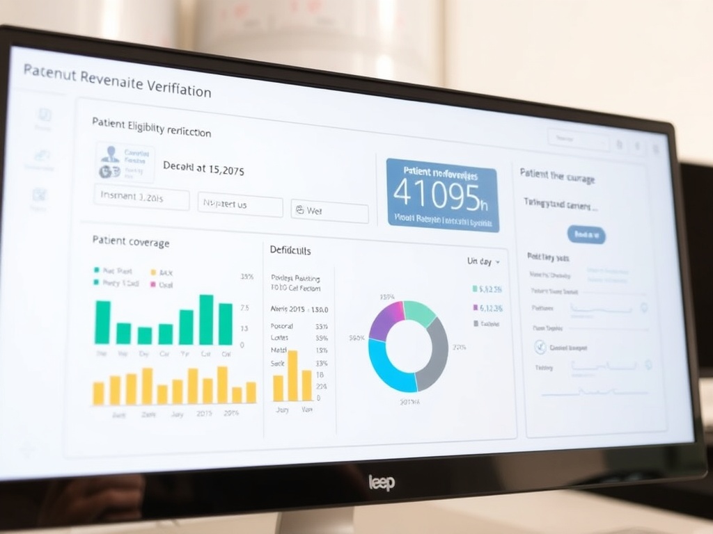Professional healthcare revenue cycle management dashboard showing patient eligibility verification with insurance coverage details, deductibles, and copay information