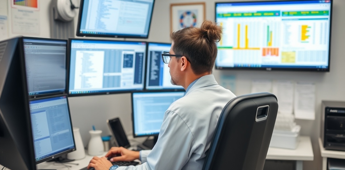 Medical coding specialist at workstation reviewing ICD-10 diagnosis codes, CPT procedure codes, and medical charts