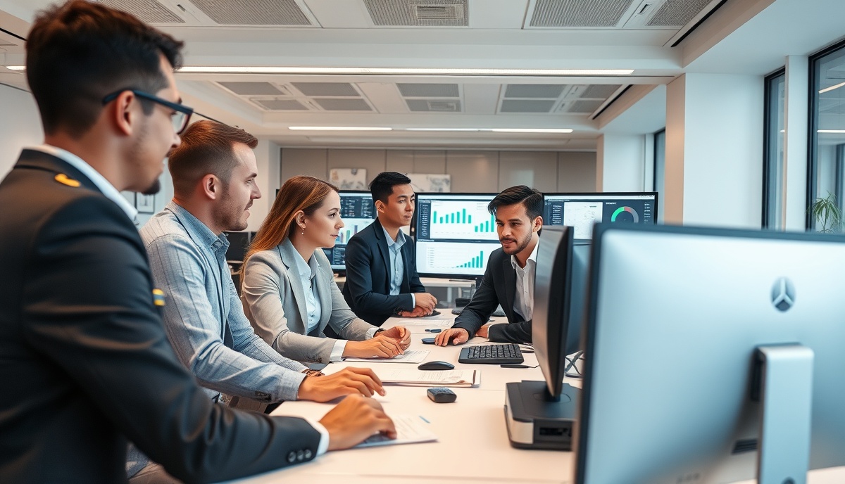 Modern healthcare revenue cycle management office scene with diverse professionals analyzing billing data on multiple computer screens showing charts and analytics dashboards