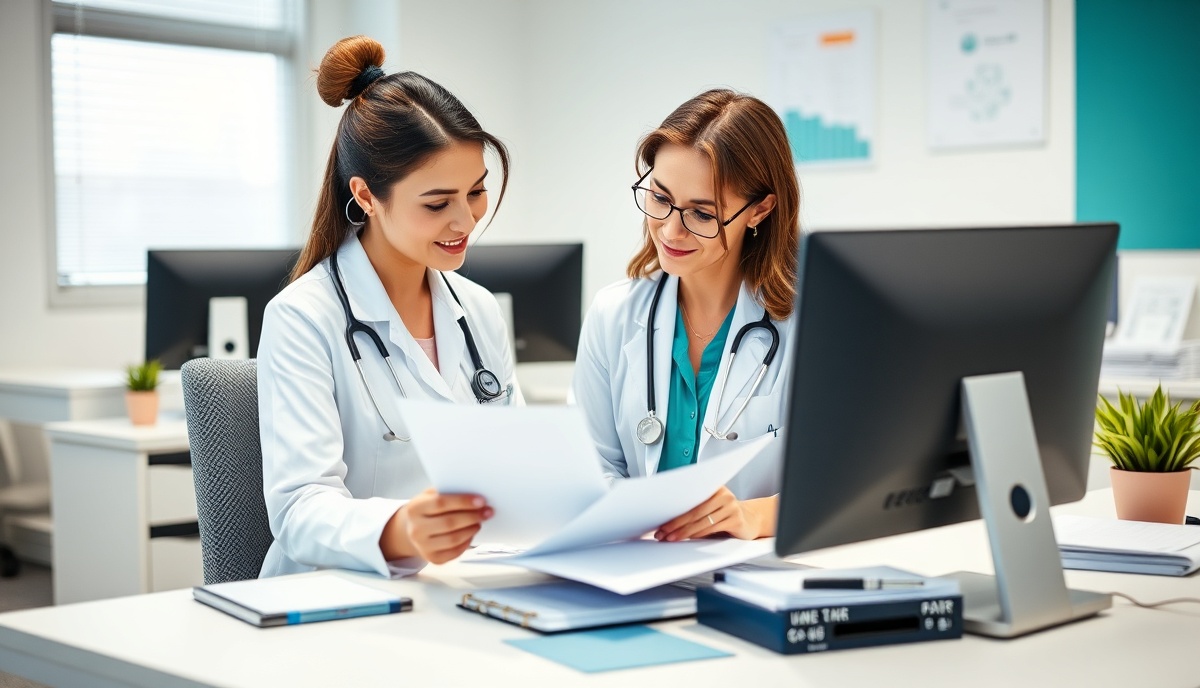 Healthcare practice manager reviewing patient intake forms and insurance documents on an organized desk with computers