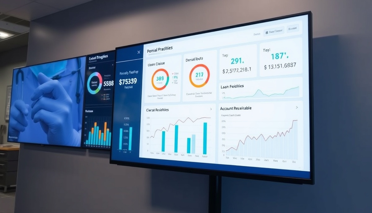 Healthcare practice financial performance dashboard displayed on large monitor showing key metrics including clean claim rates, denial recovery rates, accounts receivable graphs, and revenue trends