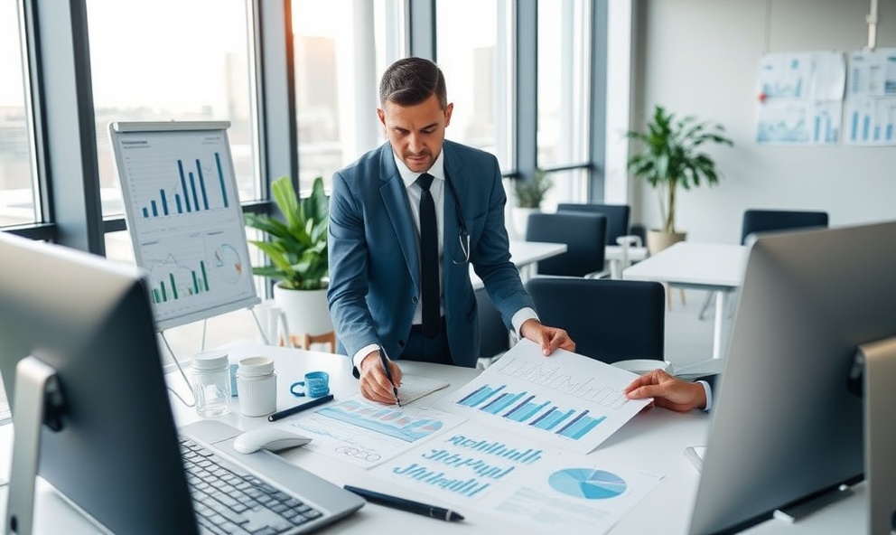 Professional healthcare business consultant analyzing revenue cycle metrics and performance reports with medical practice charts