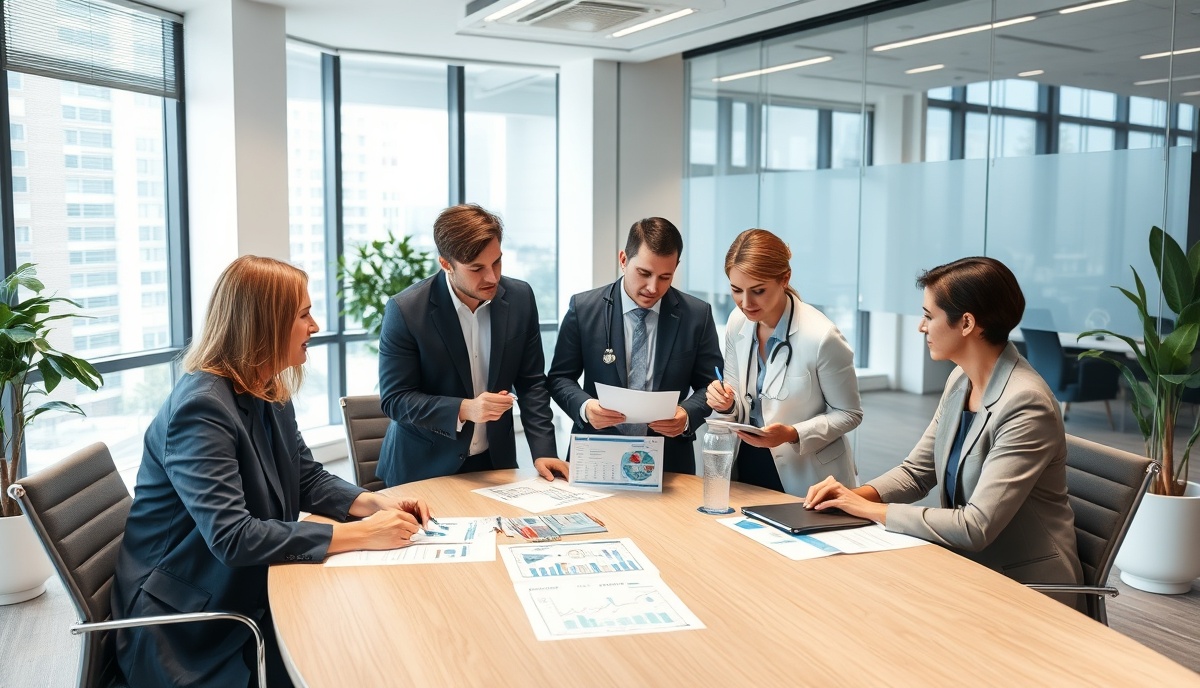 Team of healthcare business professionals in modern office having collaborative meeting around table with financial reports and healthcare charts
