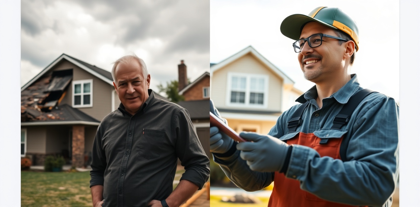 Split scene showing stressed homeowner confused about roof damage on left, calm homeowner having consultation with professional roofer on right