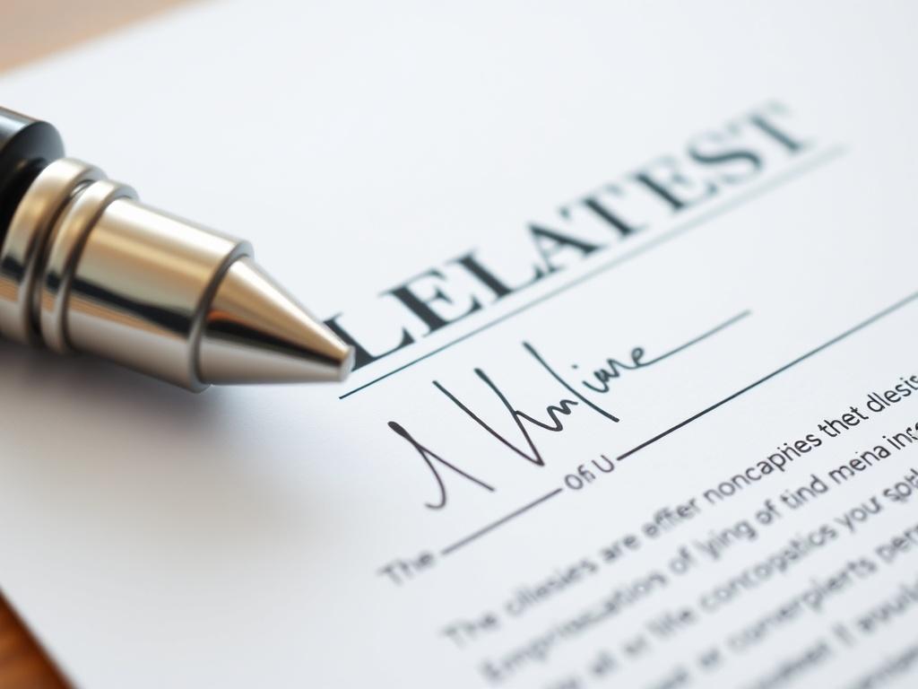 A close-up shot of a legal document with a signature, symbolizing professional services and legal protection. The background should be simple and unobtrusive, emphasizing the importance of the document. The image should be rendered in high resolution, focusing on the texture of the paper and the ink, with a clean and sober aesthetic.