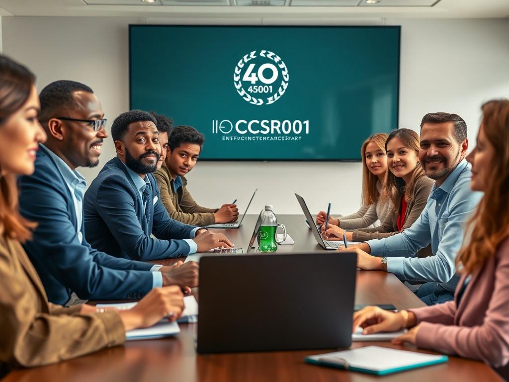 A close-up shot of a professional diverse group of individuals engaged in an interactive training session, showcasing a blend of cultural backgrounds. The participants are seated at a modern conference table with laptops and notebooks, wearing business attire. The room is well-lit, featuring a large screen displaying the ISO 45001 and CSRD logos. The atmosphere is dynamic and focused, emphasizing collaboration and learning.