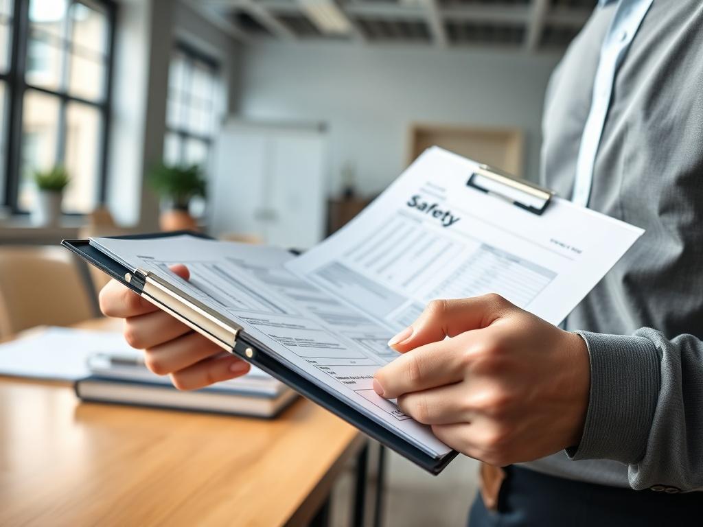 A professional consultant reviewing safety documentation in an office setting, with focus on ISO compliance. The image captures a close-up of the consultant's hands holding a clipboard, surrounded by safety manuals, while natural light illuminates the workspace. The background is a clean and modern office environment, emphasizing professionalism and detail.