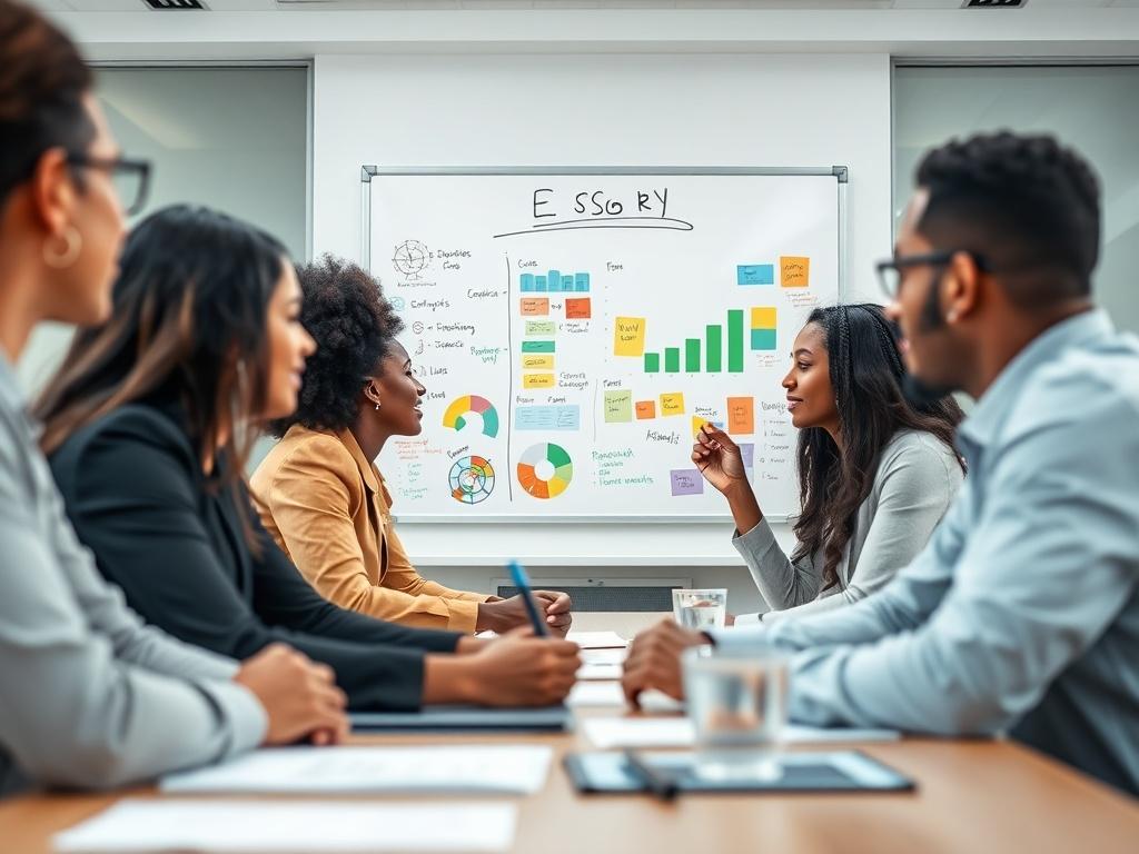 A corporate meeting in progress, where diverse team members are discussing ESG strategies. The image highlights a whiteboard filled with colorful charts and notes, symbolizing collaboration and innovation. The close-up shot captures engaged expressions and dynamic interactions, set in a well-lit conference room with modern decor.