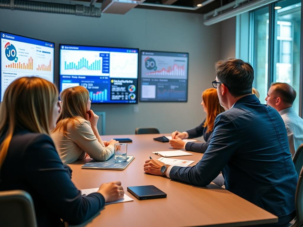 An engaging workshop scene where employees participate in a digital resilience training session. The image showcases interactive screens displaying data analytics, with participants actively engaging and discussing. The setting is modern and vibrant, reflecting a collaborative learning environment.