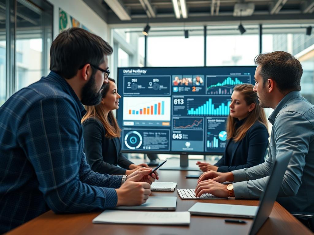 A team of professionals in a modern office environment collaborating on a digital resilience strategy. They are gathered around a large screen displaying analytics and data insights. The atmosphere is dynamic and focused, showcasing teamwork and innovation in a tech-savvy workspace.