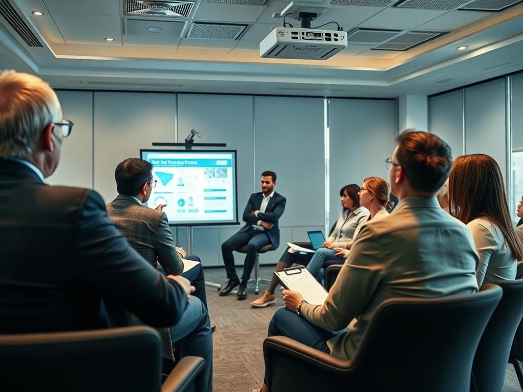 A diverse group of professionals attending a training session focused on sustainability reporting. The trainer is presenting with visual aids, and participants are engaged in discussions. The setting is a modern conference room with a projector, comfortable seating, and an atmosphere of collaboration and learning.