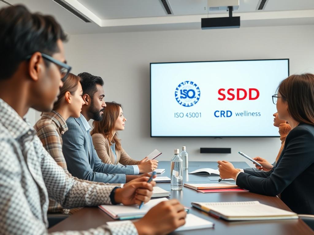 A close-up shot of a diverse group of professionals engaged in a training session focused on corporate wellness and compliance. The scene shows a modern conference room with a large screen displaying ISO 45001 and CSRD logos. The participants are actively discussing and taking notes, showcasing engagement and collaboration. The background should be simple, with soft lighting that highlights the professionals and the presentation materials, creating a clean and professional atmosphere.