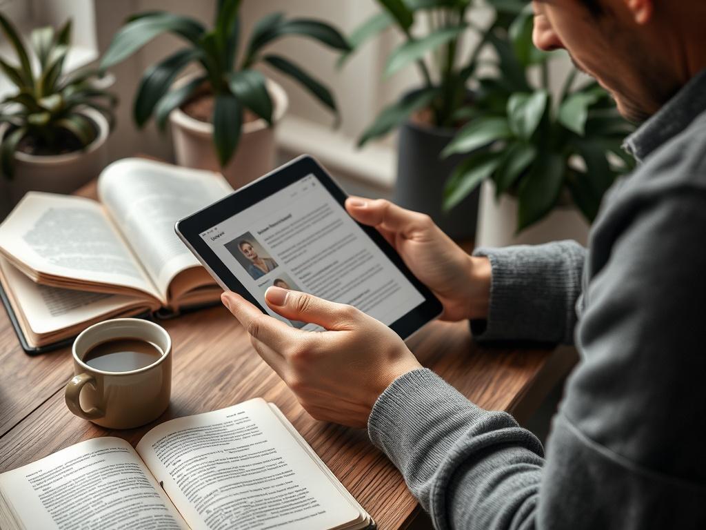 A close-up shot of a person reading a blog on a tablet, surrounded by open notebooks and a cup of coffee on a stylish desk. The individual appears engaged and thoughtful, reflecting a moment of inspiration. The background features a cozy reading nook with plants, creating a warm atmosphere. The color palette complements the rgb(243, 153, 62) primary color.