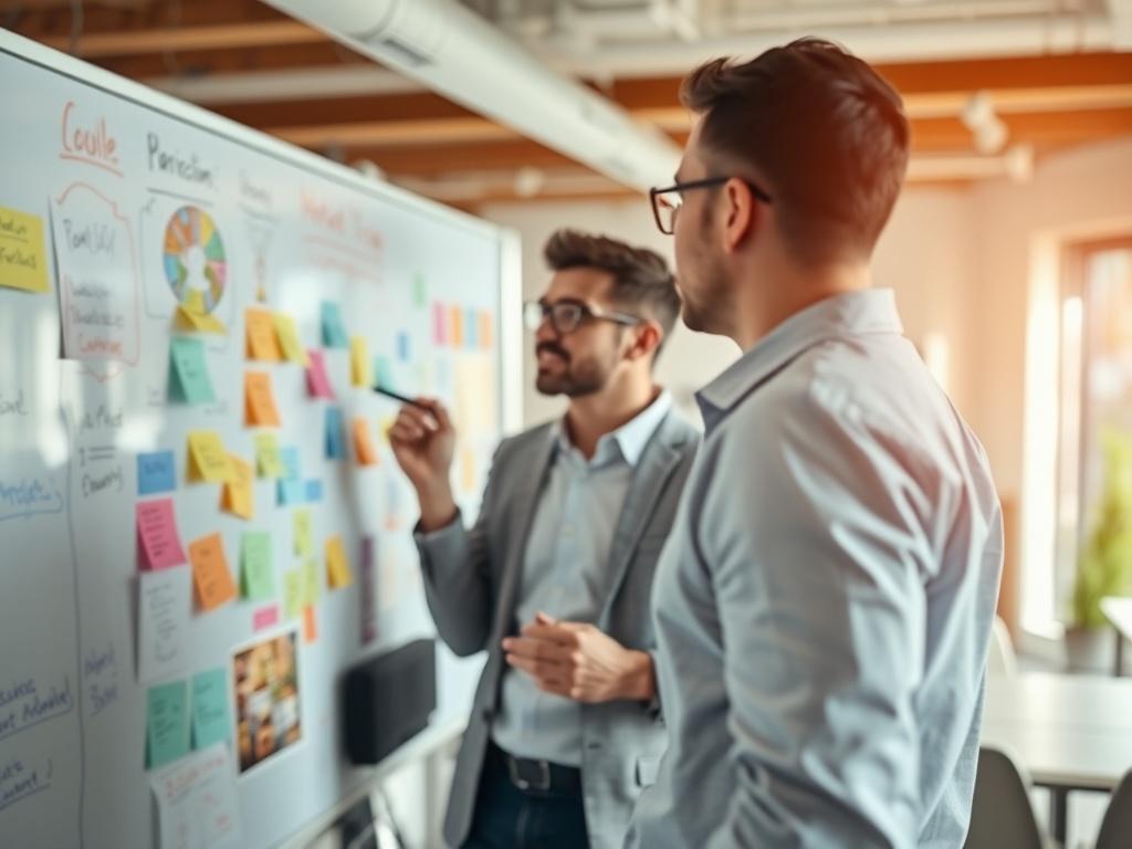 A close-up shot of a marketing consultant brainstorming ideas on a whiteboard filled with colorful graphics and notes. The setting is an inviting office space with natural light streaming in. Use a 45mm f/1.2 lens for a hyper-realistic focus.