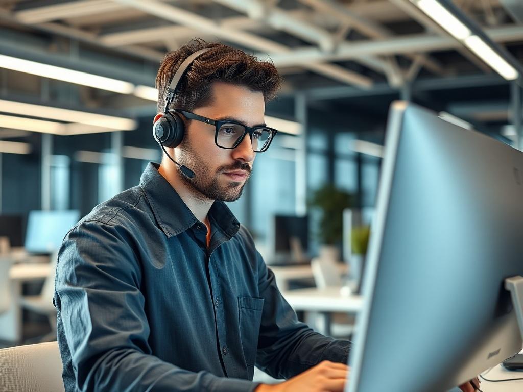 A professional IT support technician in a modern office setting, focused on troubleshooting a computer issue. The technician is engaged with the equipment, displaying a look of determination and expertise. The background features sleek office furniture and technology, reflecting a clean and efficient workspace. Shot in hyper-realistic style with a close-up focus, using a 45mm f/1.2 lens to create a visually striking image.