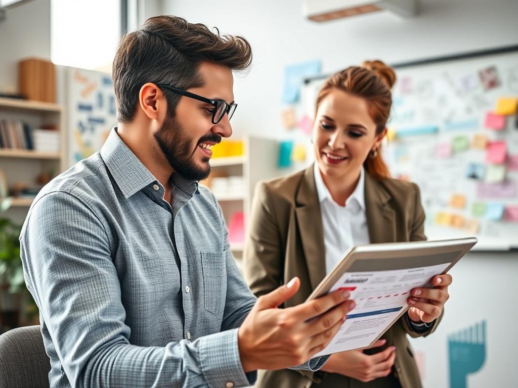 An engaging marketing consultant working with a client in a bright, modern office space. The consultant is showing a marketing plan on a digital tablet, while the client looks intrigued and involved. The background includes colorful marketing materials and a whiteboard filled with ideas, creating a dynamic and collaborative atmosphere. Shot in hyper-realistic style with a close-up focus, using a 45mm f/1.2 lens for a professional look.