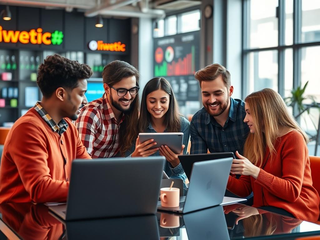 A dynamic digital marketing team collaborating in a stylish workspace, focused on strategizing online campaigns. The team is engaged in discussion, with laptops and digital devices open, showcasing graphs and analytics. The environment is vibrant and modern, featuring colorful branding elements. Shot in hyper-realistic style with a close-up focus, using a 45mm f/1.2 lens to highlight the team's energy and creativity.
