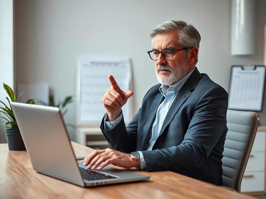 **Prompt for AI Image Generator:**

Create a realistic high-resolution photograph that encapsulates the essence of a blog titled "Navigating IT Challenges for Local Businesses." The composition should be simple and clear, focusing on a single subject that embodies the theme of IT support and problem-solving. 

The subject should be a confident and approachable IT consultant, portrayed seated at a modern desk with a sleek laptop open in front of them. The consultant, a middle-aged individual, should be engag