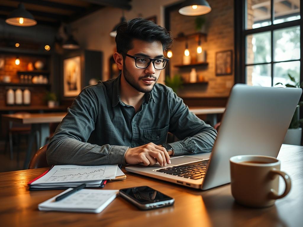 **AI Image Generation Prompt:**

Create a realistic high-resolution photo that embodies the theme "Harnessing the Power of Digital Marketing for Local Businesses." The composition should be simple and straightforward, focusing on a single subject—a confident, young local business owner of Hispanic descent, sitting at a well-organized desk. The owner should be attentively engaged with a laptop, featuring marketing analytics on the screen, as they brainstorm strategies. 

The surrounding elements on the desk 