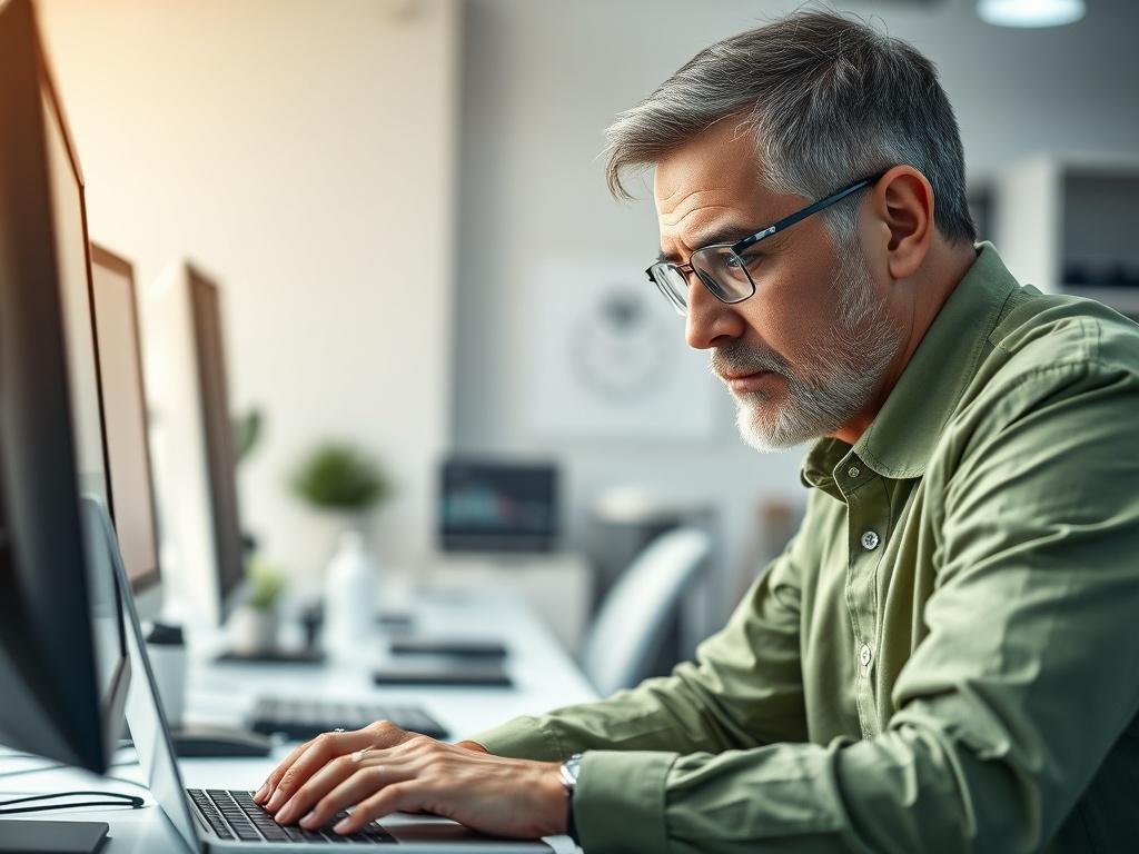 A close-up shot of a professional IT technician working on a computer in a modern office environment. The technician, a middle-aged man with glasses, is focused on troubleshooting a laptop with a serious expression. The background shows a clean, organized workspace with a few tech gadgets visible, and soft, natural lighting enhances the atmosphere. The color scheme includes shades of green and earth tones, aligning with the primary color rgb(162, 175, 127).