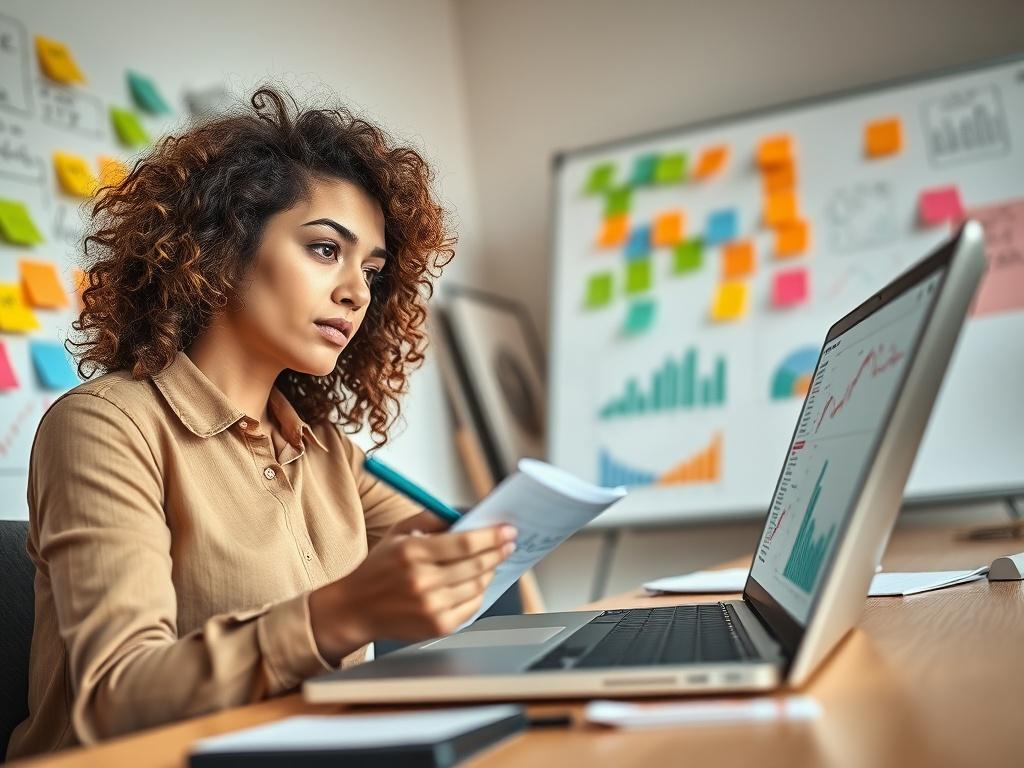 A close-up shot of a marketing consultant analyzing data on a laptop with charts and graphs displayed. The consultant, a young woman with curly hair, is taking notes while looking at the screen thoughtfully. The background includes a whiteboard with brainstorming notes and colorful sticky notes, creating a dynamic workspace. The lighting is bright and inviting, with a color palette that includes green and warm tones to reflect the primary color rgb(162, 175, 127).