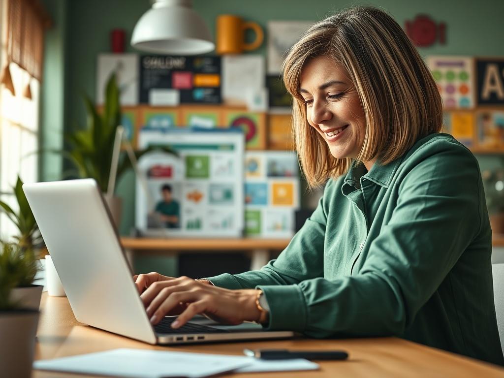 A close-up shot of a digital marketing specialist strategizing over a laptop, with various digital marketing tools displayed on the screen. The specialist, a middle-aged woman with straight hair, is smiling as she engages with the audience. The background shows a creative workspace adorned with colorful marketing materials and a plant, emphasizing a lively atmosphere. The color scheme incorporates green and soft hues that resonate with the primary color rgb(162, 175, 127).
