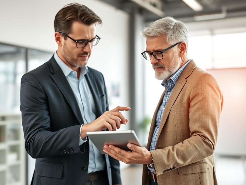 A close-up shot of a consultant and a business owner discussing IT strategies over a digital tablet in a bright, modern office. The consultant points to data on the screen while the business owner takes notes, illustrating collaboration and synergy. The background is softly focused, highlighting the interaction between the two individuals.