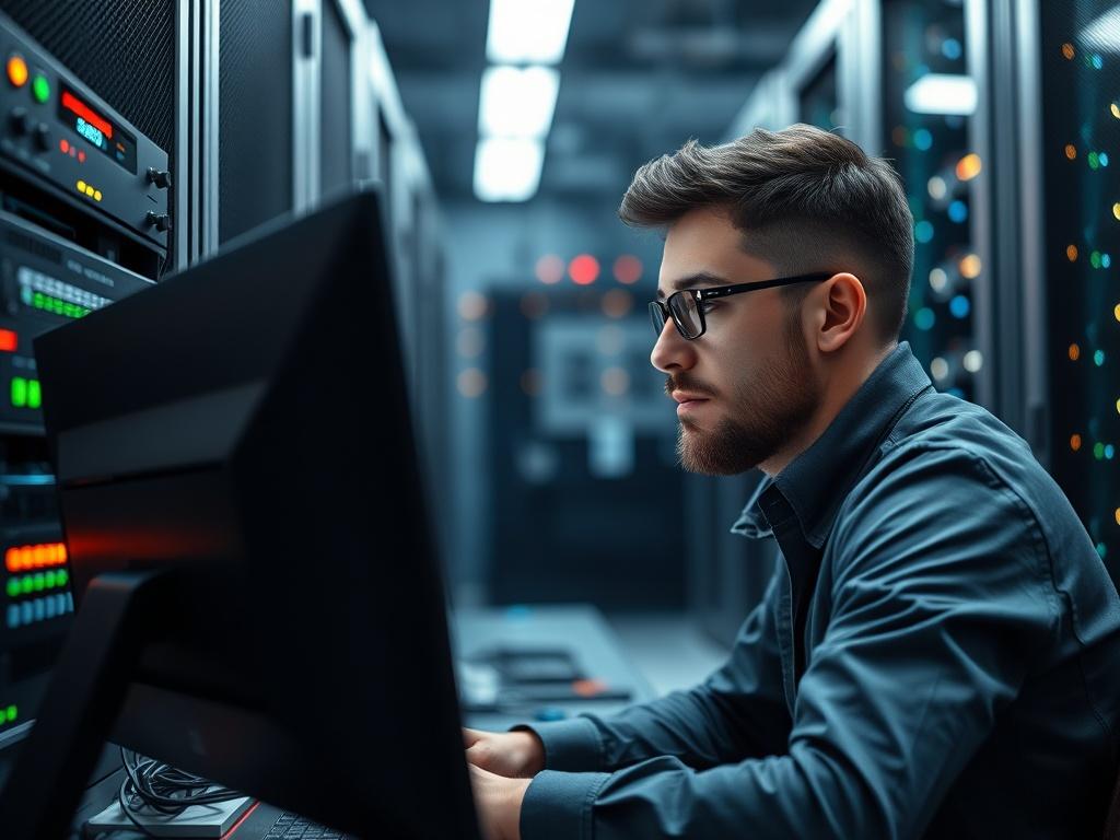 A close-up shot of a focused IT professional working at a computer in a server room, surrounded by high-tech equipment. The individual appears engaged and in control, reflecting expertise and reliability. The background showcases server racks and blinking lights, creating a high-tech atmosphere.