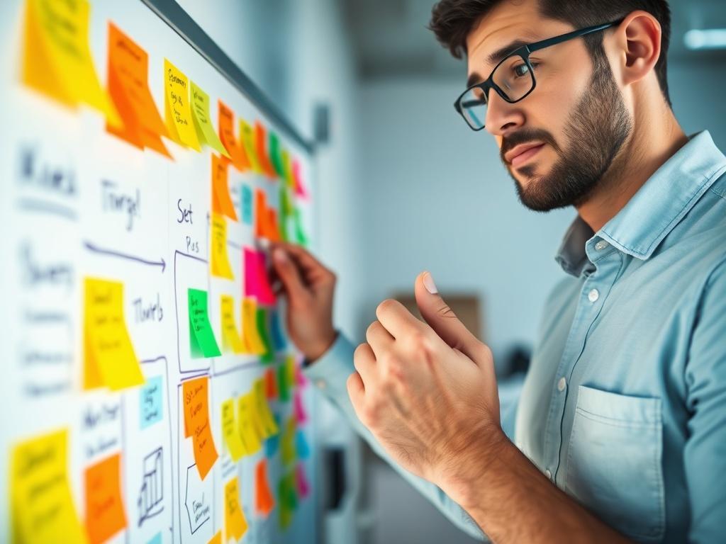 A vibrant close-up of a marketing consultant brainstorming ideas on a whiteboard filled with colorful sticky notes and diagrams, symbolizing creativity and strategy. The consultant should be actively engaged in the process, with a thoughtful expression. The background should be softly blurred to maintain focus on the consultant and the whiteboard. Shot with a 45mm f/1.2 lens.
