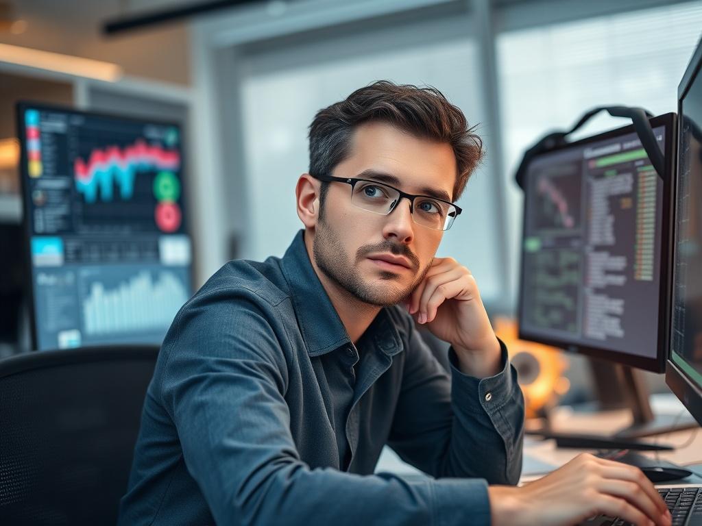 A focused close-up shot of a professional IT consultant working at a desk, surrounded by computer screens and technology tools, showcasing a modern workspace. The background should be soft and blurred to emphasize the consultant's focused expression and the intricate details of the digital devices. Shot with a 45mm f/1.2 lens.