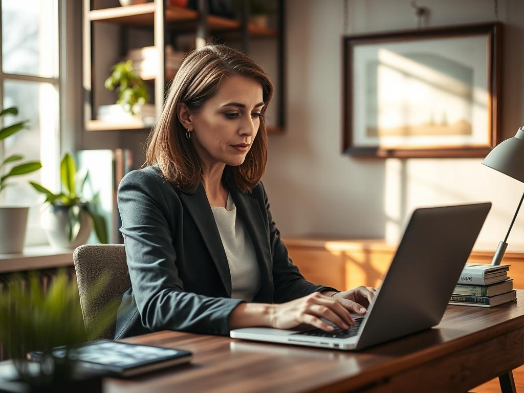 Create a realistic high-resolution photo that embodies the essence of a blog titled "How to Leverage Social Media for Local Business Growth." The composition should feature a single subject, a savvy local business owner, sitting at a stylish desk in a cozy, well-lit office setting. The subject – a middle-aged woman with shoulder-length brown hair, wearing smart-casual attire – is focused on a laptop, analyzing social media engagement metrics. 

The background should be softly blurred, showcasing shelves fil