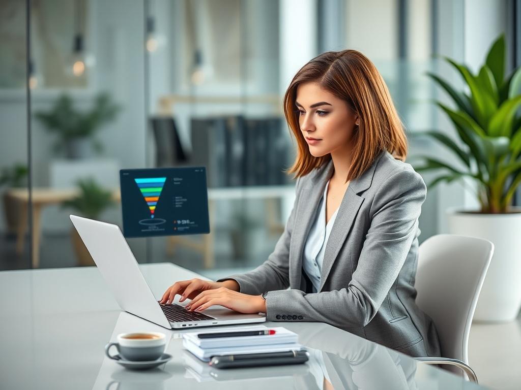 **AI Image Generation Prompt:**

Create a realistic high-resolution photo that captures the essence of "Harnessing Tech with a Marketing Funnel." The image should feature a single subject: a confident female marketing consultant sitting at a sleek, modern desk. She is engaged in her work, looking thoughtfully at a laptop screen, which displays a digital marketing funnel diagram. The consultant has medium-length brown hair and wears a smart, casual outfit, reflecting professionalism and approachability.

The