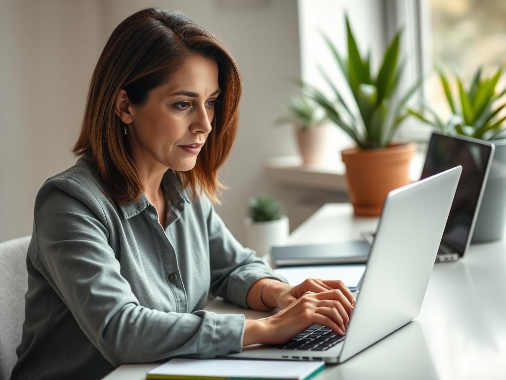 **AI Image Generation Prompt:**

Create a realistic high-resolution close-up photograph that captures the essence of a blog titled "Top IT Security Tips Every Small Business Should Know." The composition should focus on a single subject: a professional-looking small business owner, a middle-aged woman with shoulder-length brunette hair, attentively working on her laptop in a modern office setting. She should have an expression of concentration and determination, reflecting her commitment to cybersecurity. 
