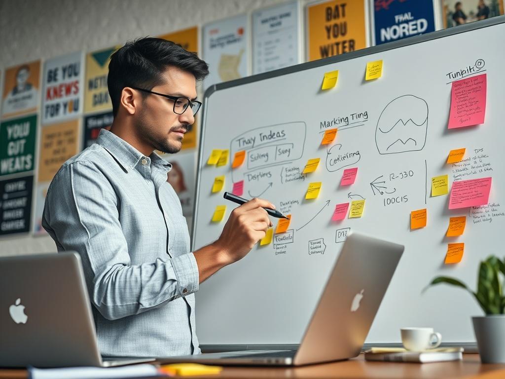 A close-up shot of a marketing consultant brainstorming ideas on a whiteboard in a creative workspace. The consultant, depicted as a mid-30s professional, is jotting down notes and diagrams, surrounded by colorful sticky notes and a laptop. The background includes motivational posters, creating an inspiring and innovative environment.