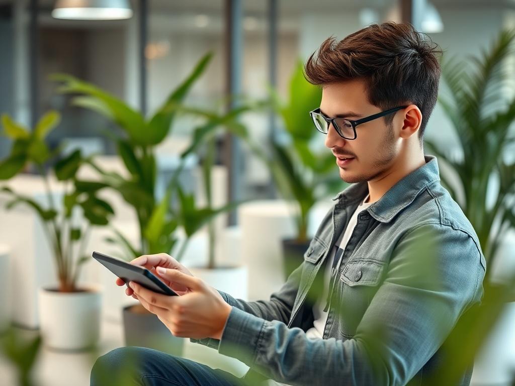 A close-up shot of a digital marketing specialist analyzing data on a tablet in a modern office setting. The specialist, a young professional in a casual outfit, is focused on the screen, with graphs and charts displayed. The background is a sleek office with green plants and a minimalist design, emphasizing a fresh and innovative workspace.
