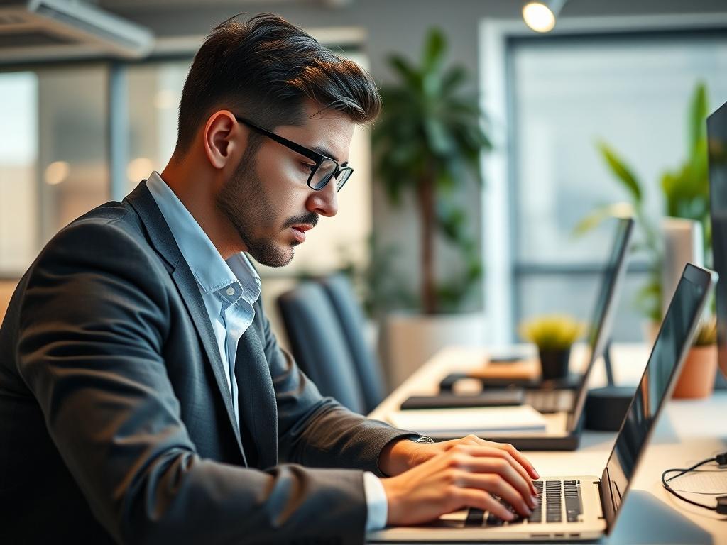 A close-up shot of a professional IT consultant working on a laptop in a well-lit office. The consultant, wearing a smart-casual outfit, is focused on troubleshooting a technical issue. The background is softly blurred, showcasing a modern workspace with tech gadgets and a plant, creating a clean and green atmosphere.