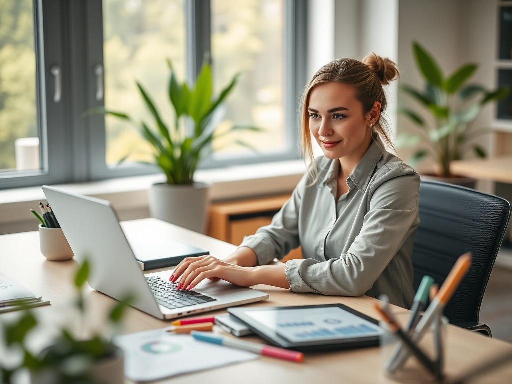 Create a realistic high-resolution photo featuring a single subject: a confident, professional woman sitting at a modern desk, focused on her laptop as she develops a digital marketing plan. She should have an expression of determination and creativity, reflecting her dedication to helping local businesses succeed. The desk should be neatly organized, showcasing notepads, colorful markers, and a digital tablet displaying graphs and marketing data.

In the background, softly blurred, there should be green pl