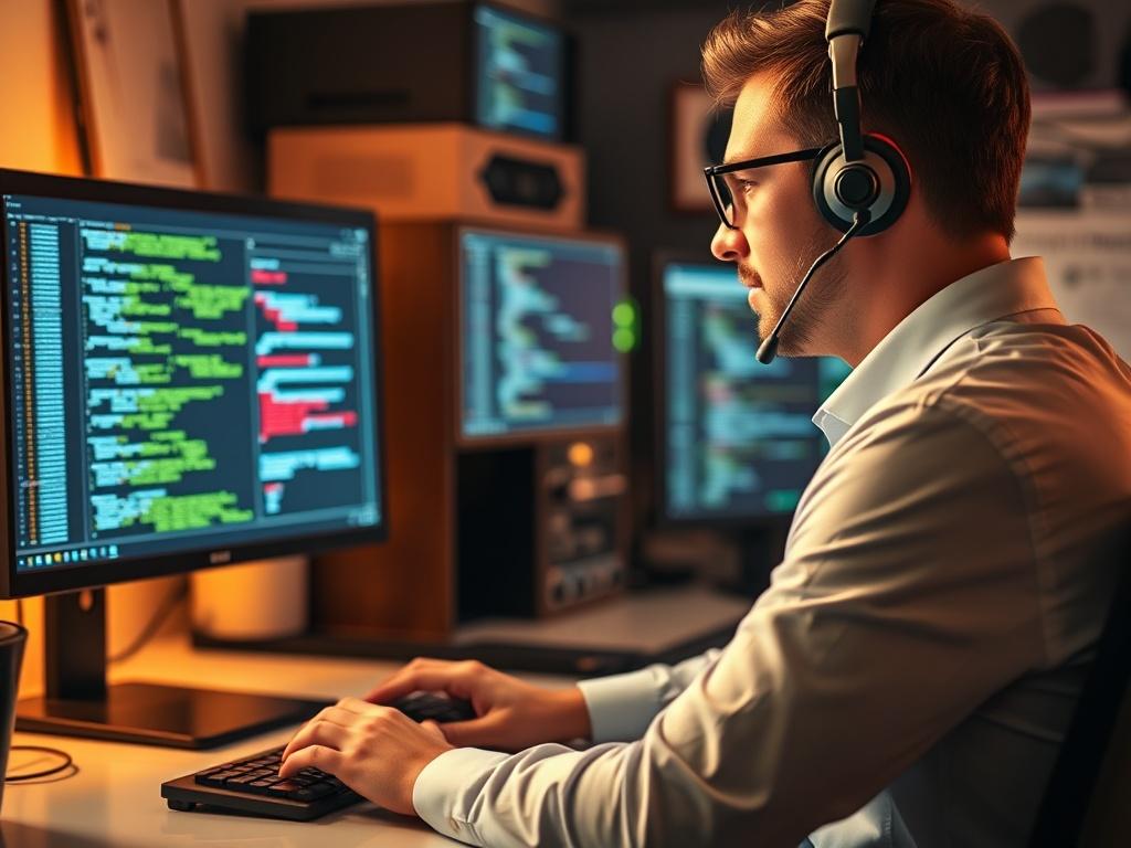 A close-up shot of a professional IT consultant sitting at a desk, focused on a computer screen displaying complex code. The consultant is wearing a headset, engaged in a conversation, with a background of neatly organized tech equipment. The lighting is warm and inviting, highlighting the consultant’s concentration and expertise, captured in hyper-realistic detail using a 45mm f/1.2 lens.