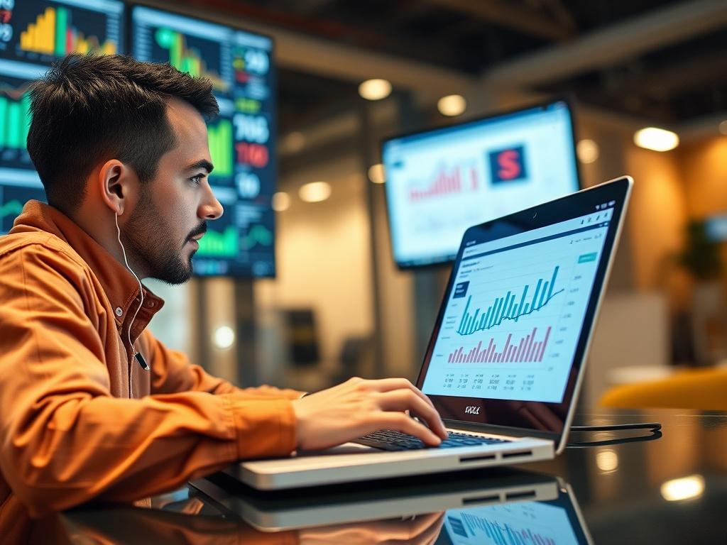 A close-up shot of a digital marketing specialist working on a laptop with multiple screens displaying analytics and social media metrics. The specialist is engaged and focused, with colorful graphs and charts in view. The background is modern and tech-savvy, symbolizing innovation in digital marketing, captured in hyper-realistic detail using a 45mm f/1.2 lens.