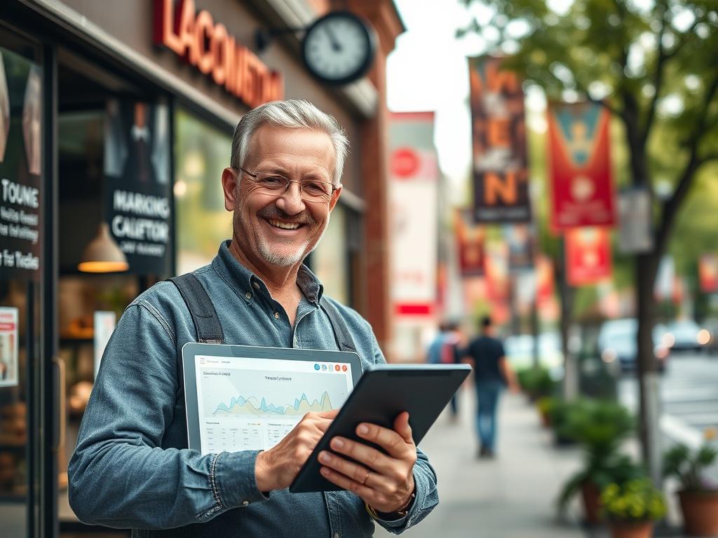 **AI Image Generator Prompt:**

Create a realistic high-resolution photograph that embodies the theme "Mastering Digital Marketing for Local Businesses." Focus on a single subject: a confident local business owner standing in front of their brick-and-mortar store. The owner is a middle-aged person, smiling warmly and holding a digital tablet displaying marketing analytics. The store features a welcoming facade with large windows, showcasing products tailored to the community, and adorned with promotional ma