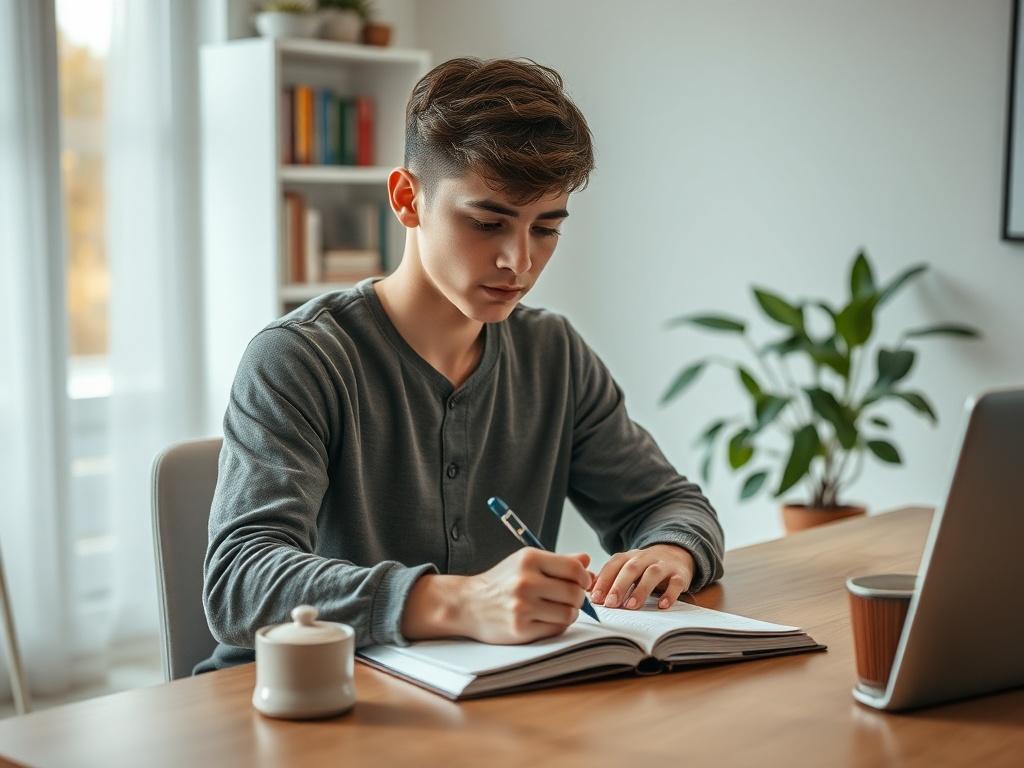 Create a realistic high-resolution photo that visually represents the concept of "Mastering Financial Storytelling." The image should feature a thoughtful individual sitting at a modern, minimalist desk, deeply engaged in writing or brainstorming. The subject should be a young adult, dressed casually yet professionally, with a notebook open in front of them, jotting down notes or ideas.

Set the background in a cozy, well-lit home office space with warm, inviting colors. Include elements like a bookshelf fi