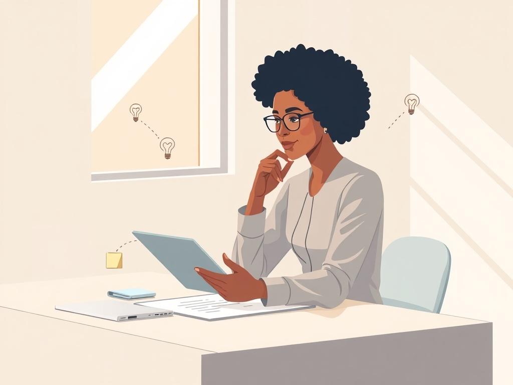 Create a high-quality illustration titled "Harnessing the Power of Design Thinking". The composition should feature a solitary, thoughtful figure, a diverse individual portraying a professional mindset, sitting at a sleek, modern workspace. This figure should be actively sketching or brainstorming ideas on a clean sheet of paper or digital tablet, demonstrating engagement with the design thinking process. 

The subject should be depicted in a soft pastel color palette, harmoniously blending with the overall