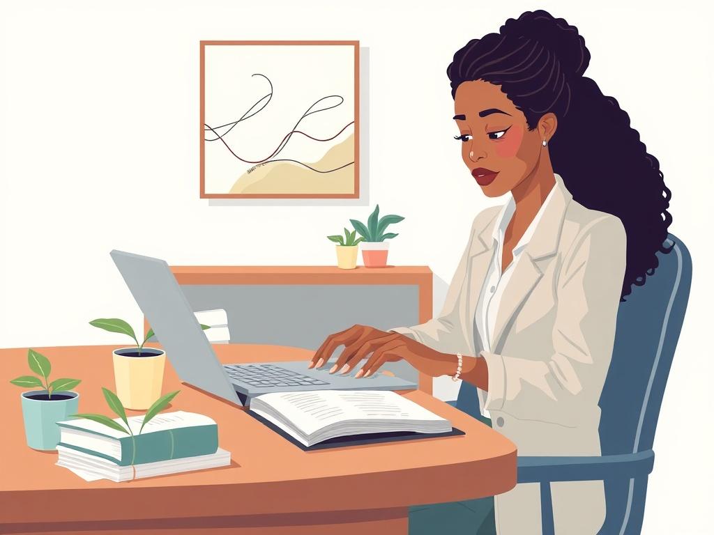 Create a high-quality illustration that visually represents the concept of "Harnessing the Power of Storytelling in Business." The composition should be simple and clear, featuring a single subject. 

**Subject Matter:** Depict a confident businessperson sitting at a beautifully crafted wooden desk, deeply engaged in writing a story. This person should be a diverse representation of gender and ethnicity, showcasing a thoughtful expression as they type on a laptop. They should be surrounded by open books and