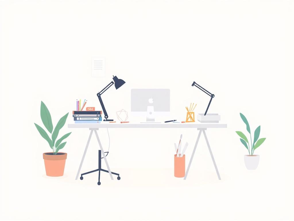 A minimalistic, high-quality illustration showcasing a single artist working at a clean, modern desk filled with design tools and creative materials. The background features soft pastel colors and negative space that conveys a sense of creativity and focus. The artist is depicted in a serene pose, illustrating the process of brainstorming and design. The overall composition should be simple and clear, emphasizing the theme of creativity and innovation.