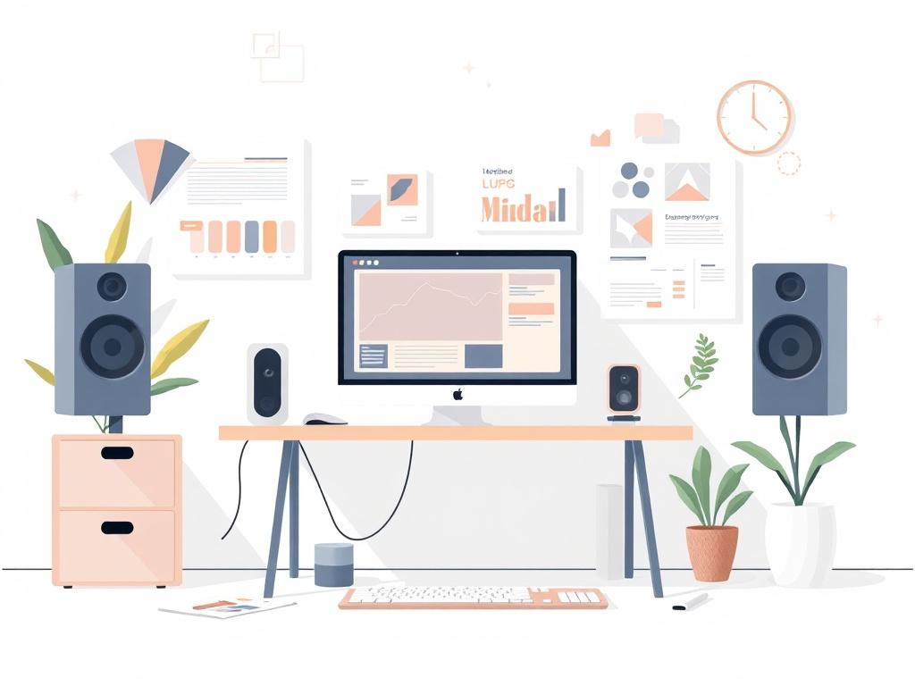 A minimalistic illustration of a designer's workspace featuring a computer, color palettes, and branding sketches. The background should be simple and clean, using pastel colors to create an inviting atmosphere. The focus should be on the design elements, showcasing creativity and professionalism.