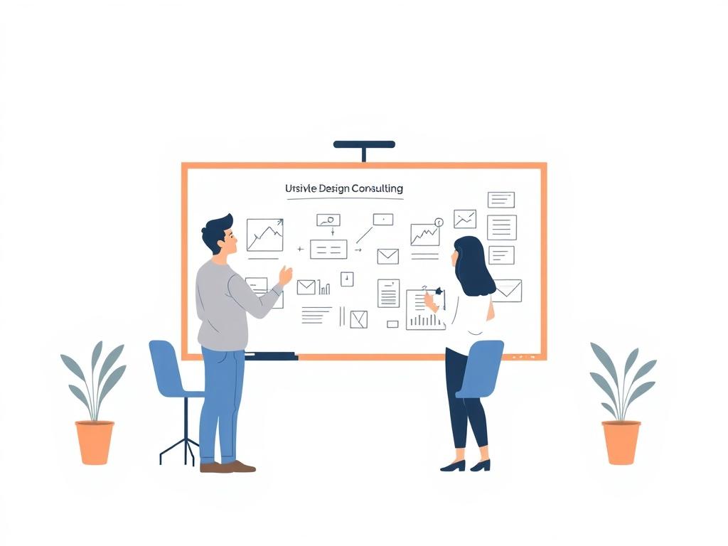 A minimalistic illustration of a strategic planning session with a team discussing designs and strategies on a whiteboard. The background should be clean and pastel-colored, highlighting the collaborative and innovative nature of strategic design consulting.