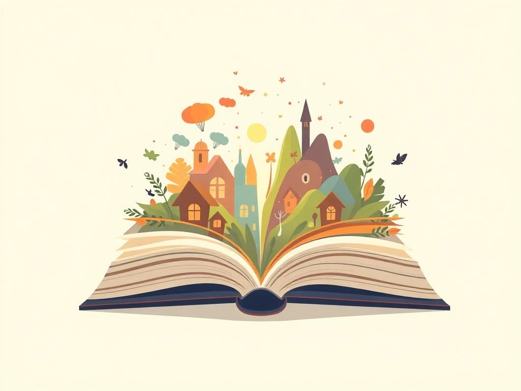 A minimalistic illustration of an open book with vibrant stories and imagery emerging from its pages. The background should be soft and pastel-colored, conveying a sense of creativity and imagination. The focus should be on the book and the stories, emphasizing the art of storytelling.